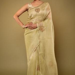 Heritage Green Antique Flower Organza Saree | All Over Antique Butta Work | Jaipurio Designer Collection